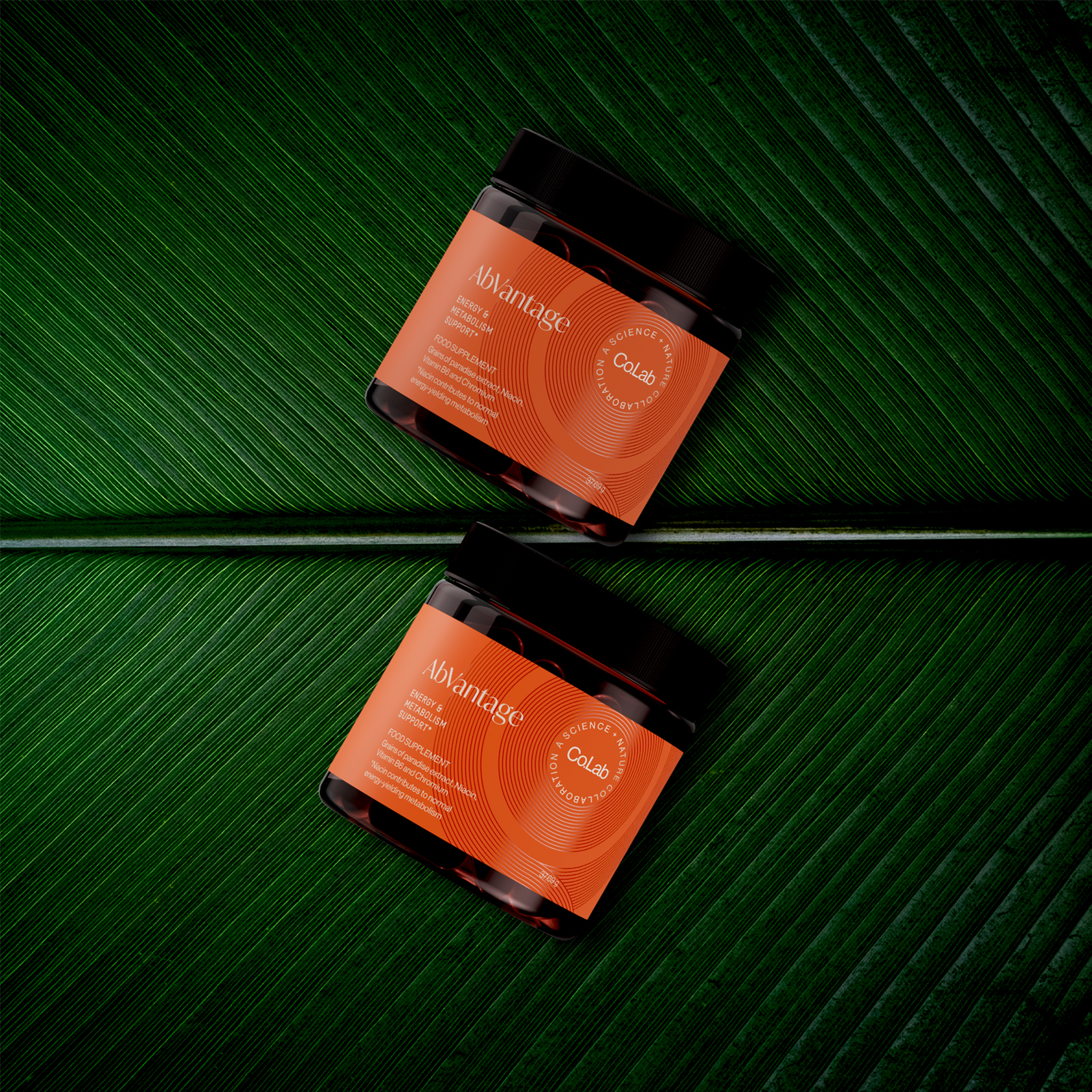 "Co.Lab AbVantage – deux pots de complément métabolique naturel, soutien énergétique et glycémique, présentation minimaliste sur fond minéral."